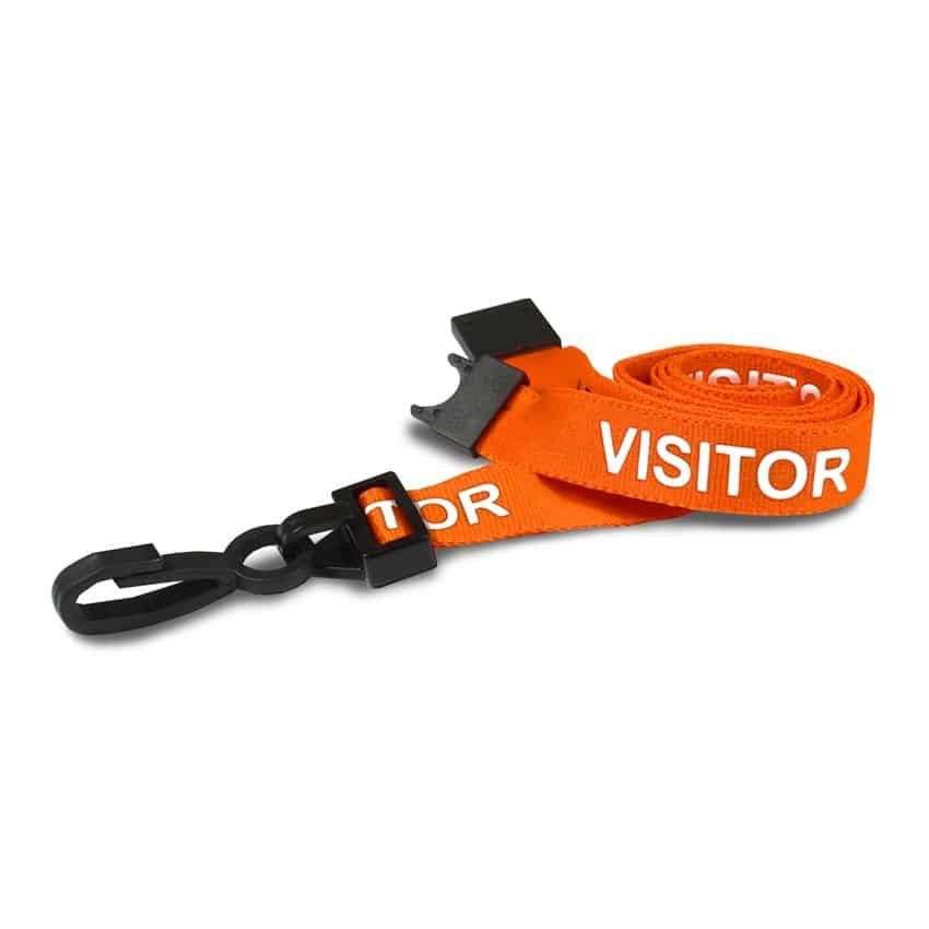 Breakaway Lanyard - VISITOR Printed - 15mm Width - Orange with White Text - Plastic Clip